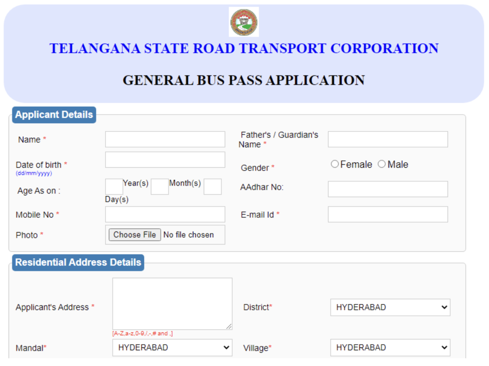 TSRTC Bus Pass Application