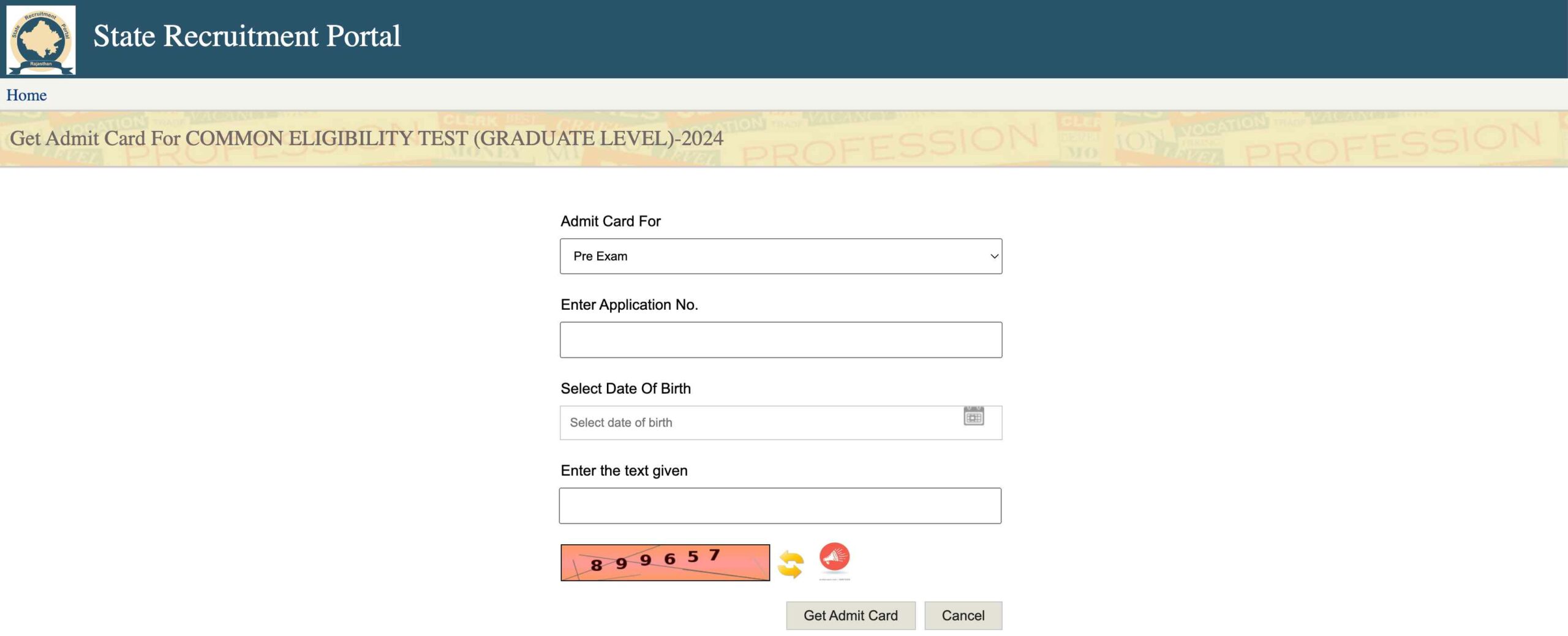 RSMSSB CET (Graduate Level) Admit Card Enter Application No.